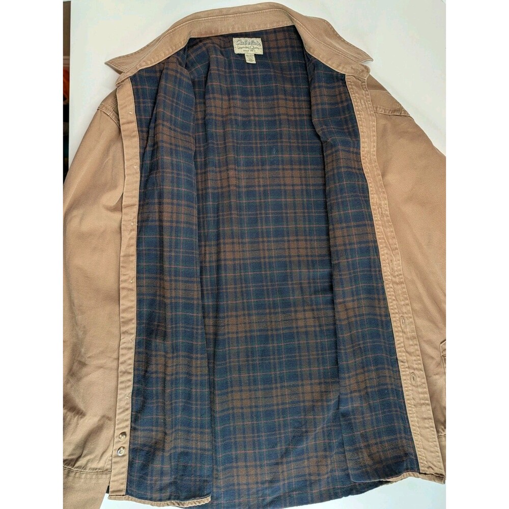 Vintage Cabelas Mens 2XL Flannel Lined Shirt Jacket Khaki Plaid Shacket